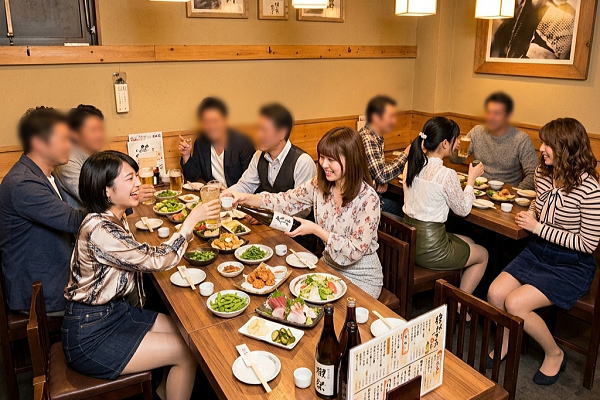 調布の四十八漁場 調布駅前店での宴会で接客するコンパニオンとお客様