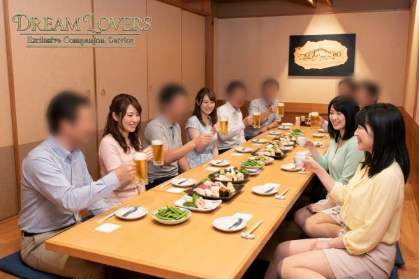 東久留米市の庄や東久留米店での宴会で接客するコンパニオンとお客様