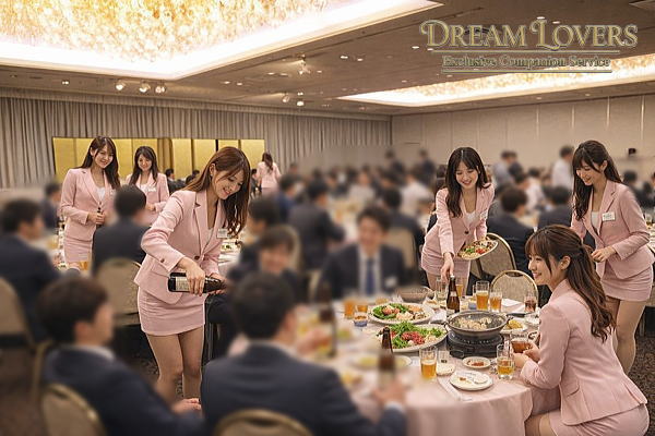 市川市の市川グランドホテルで接客する宴会コンパニオン達とお客様