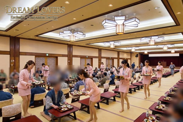 鴨川市の鴨川館で接客する宴会コンパニオン達とお客様