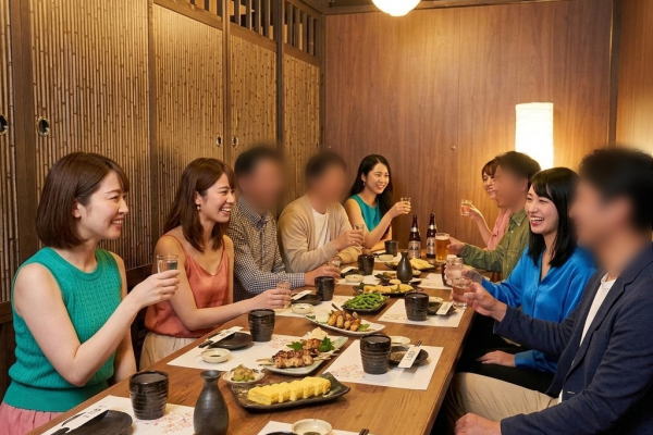 小金井市の稲わら家 武蔵小金井店での宴会で接客するコンパニオンとお客様