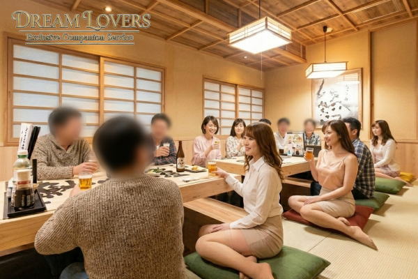 狛江市の大庄水産狛江店での宴会で接客するコンパニオンとお客様