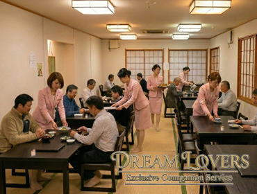 三浦の繁華街を歩く宴会コンパニオンとお客様