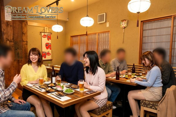 奥多摩町の炉ばたあかべこでの宴会で接客するコンパニオンとお客様