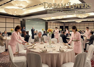 新宿の京王プラザホテルパーティー会場で企業の懇親会で接客するコンパニオン達