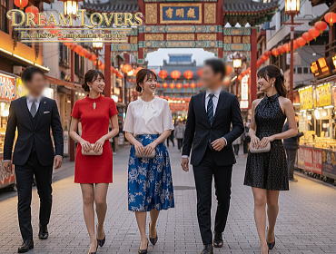 横浜の繁華街を歩く宴会コンパニオンとお客様