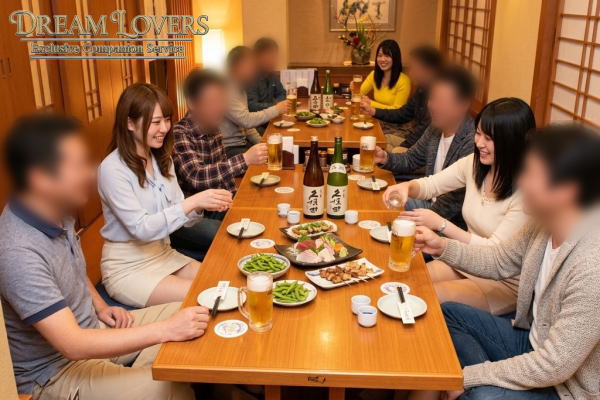 四街道市のゆるり庵で接客する宴会コンパニオン達とお客様